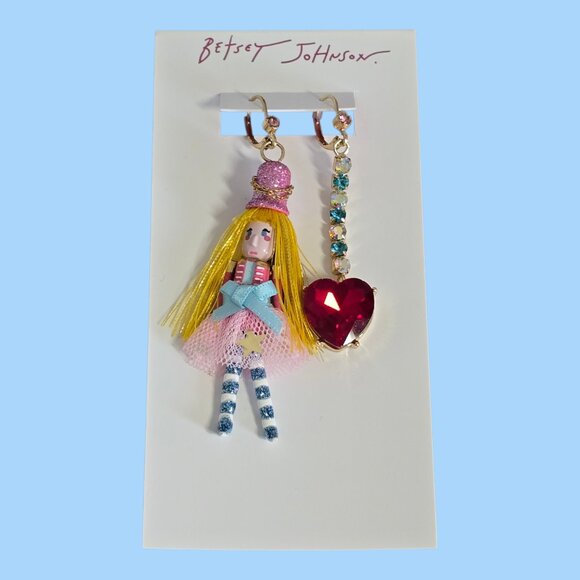 Betsey Johnson Nutcracker Girl Rhinestone Heart Mismatched Dangle Earrings - Picture 1 of 6